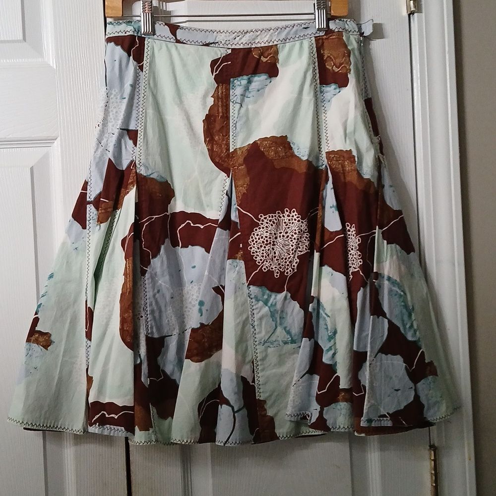Anthropologie Odille blue brown pleated lined flare skirt Sz 4 EUC